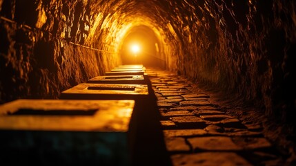 Sticker - Mysterious underground tunnel illuminated by warm light, featuring stone pathways and walls.