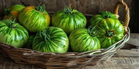 Wall Mural - Flavorful Organic Green Zebra Tomatoes in Six Baskets from the Homestead Garden