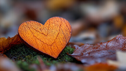 Poster - wooden heart rests on vibrant moss, surrounded by orange autumn leaves. This serene fall scene evokes feelings of warmth, love, and the natural cycles of life, blending nature and emotion