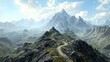 © chesleatsz - A winding path ascends a rocky mountain peak overlooking a vast, snow-capped mountain range.