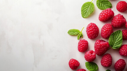 Wall Mural - Fresh Raspberries with Mint Leaves: A vibrant and appetizing image of juicy, ripe raspberries arranged artfully with fresh mint leaves on a light marble background. Perfect for food blogs, recipes.