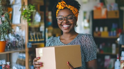 Smiling Woman Holding a Package in a Boutique Store