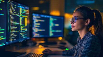Poster - Young woman programmer working on computer code at night in office