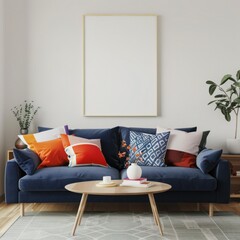 Modern living room interior with a blank picture frame, blue sofa, wooden coffee table, houseplant, and decorative pillows. 3D rendering illustration.