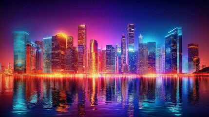 Poster - Modern city skyline reflecting on water at dusk