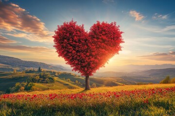 Wall Mural - a heart shaped tree in a field of wildflowers at sunset.