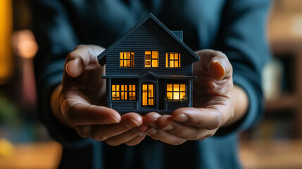 Aufkleber - Real estate agent holding illuminated model house in palms