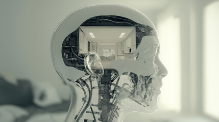 Aufkleber - Transparent humanoid robot with apartment building interior visible inside its head