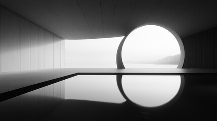 Aufkleber - Minimalist interior with round window overlooking water view