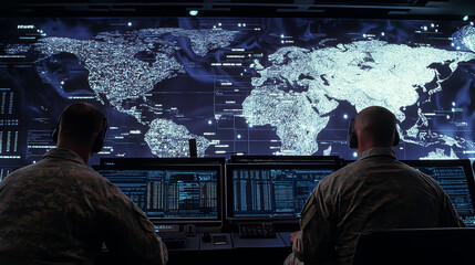 Leinwandbilder - Military personnel monitoring global map on computer screens in a high tech environment