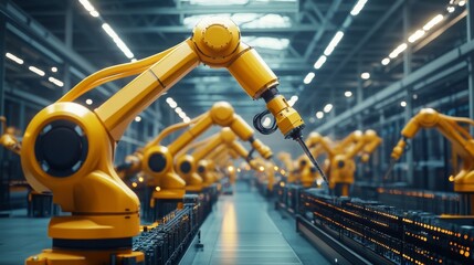 Aufkleber - This image features multiple industrial robotic arms in a brightly lit factory setting, emphasizing automation and advanced manufacturing technology.