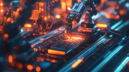 Aufkleber - A vibrant, futuristic scene showcasing robotic hands assembling electronic components with glowing lights.