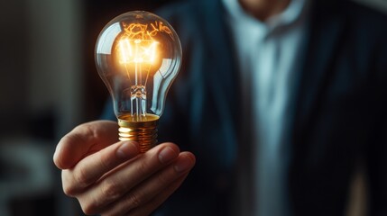 Leinwandbilder - A person holds a glowing light bulb, symbolizing ideas, innovation, and creativity in a professional setting.