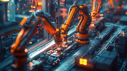 Aufkleber - A futuristic scene featuring robotic arms in a busy factory setting, showcasing advanced automation and technology in a vibrant, glowing environment.