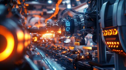Aufkleber - A close-up view of advanced robotic machinery in a modern factory, showcasing intricate components and glowing lights in a high-tech environment.