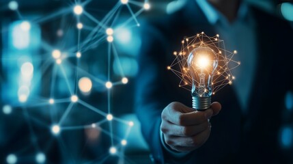 Leinwandbilder - A person in a suit holds a glowing light bulb, symbolizing innovation and creativity, with a background of digital connections.