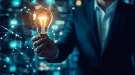 Aufkleber - A person in a suit holds a glowing light bulb against a backdrop of digital connections, symbolizing innovation and ideas.
