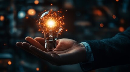 Aufkleber - A hand holds a glowing light bulb, symbolizing innovation and creativity against a blurred, dark background.