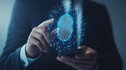 Poster - A business professional interacts with a smartphone displaying a glowing digital fingerprint, symbolizing advanced security technology.