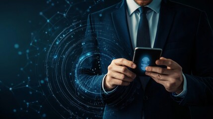 Leinwandbilder - A businessman in a suit uses a smartphone, surrounded by a digital network, symbolizing technology and connectivity.