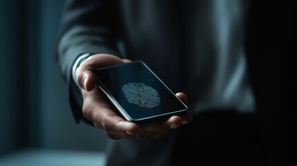Poster - A person holds a smartphone displaying a digital brain, symbolizing artificial intelligence or technology innovation in a modern setting.