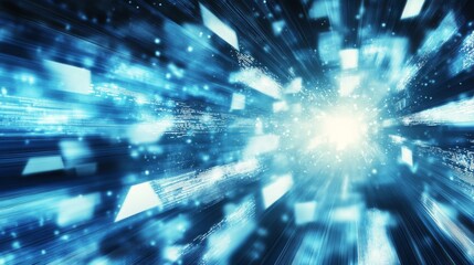 Aufkleber - An abstract image depicting a burst of blue light and digital particles, symbolizing speed and technology.