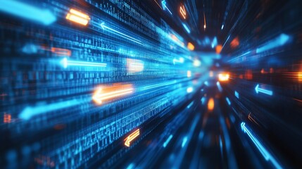 Aufkleber - A dynamic representation of data flow, featuring bright blue and orange streaks on a dark background, symbolizing technology and digital movement.