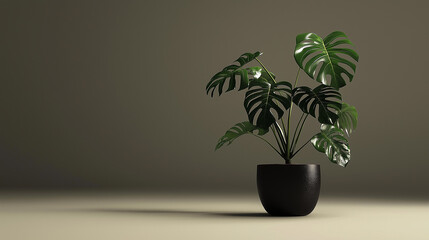 Poster - Monstera deliciosa plant standing in a black pot on empty background