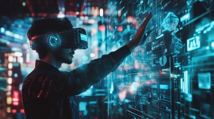 Leinwandbilder - A person wearing a VR headset interacts with a digital interface, surrounded by vibrant holographic visuals, representing advanced technology and immersive experiences.