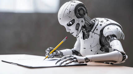 Poster - Futuristic robot writing on paper with pencil in office