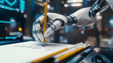 Poster - Robot hand writing with pencil on paper in office using artificial intelligence