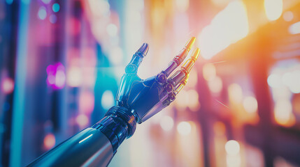 Poster - Robotic hand reaching out in futuristic cityscape