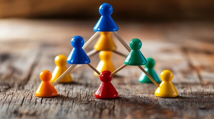 Teamwork Pyramid Structure Business Concept   Colorful Wooden Peg People on Wooden Backgro