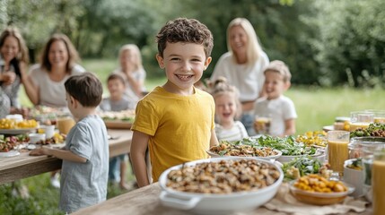 Happy child enjoying a delicious meal outdoors with friends and family.