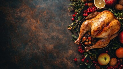 Wall Mural - Roasted chicken with fruits and nuts on rustic background