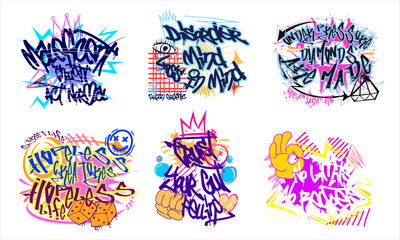 Graffiti vector bundle. street style designs set for t-shirt design. Urban graphic t shirt, graffiti typography t shirt designs collection. Street art for print.