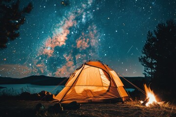 Wall Mural - Beautiful Night Camping Under Starry Sky