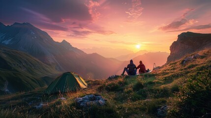 Sticker - Serene Sunset Over Mountains with Campers Relaxing