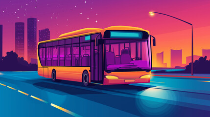 Poster - Modern yellow bus driving on the road in night city with neon lights