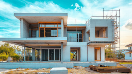 Aufkleber - Modern house under construction with scaffolding and blue sky
