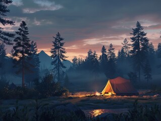 Wall Mural - Serene Campfire Scene in a Misty Forest at Dusk