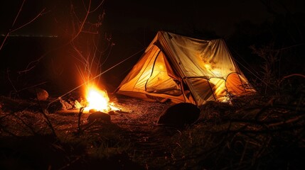 Wall Mural - Cozy Camping Scene with Tent and Campfire at Night