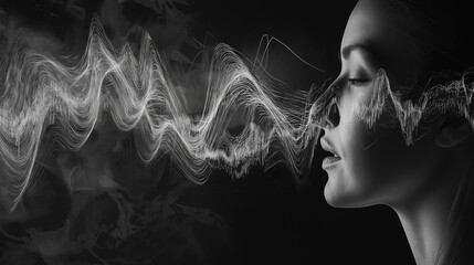 Poster - Woman inhaling abstract smoke waves creating digital art