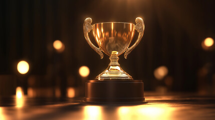 Golden trophy standing on stage with spotlights shining on it