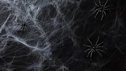Black Spiders Trapped in a White Spiderweb on a Black Background