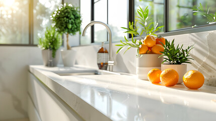 Poster - Modern minimalistic kitchen interior details. Stylish white quartz countertop with potted plant and oranges