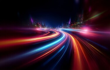 Wall Mural - abstract image of a city skyline at night, with glowing light trails streaking across the road.