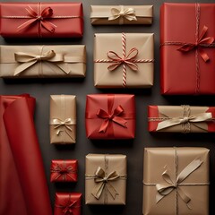 Festive red and neutral gift wrapping tools arranged neatly for holiday celebrations and special occasions. Generative AI 