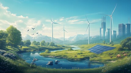 A landscape where towering, futuristic wind turbines and solar panels rise from the ground, surrounded by wildlife and clean rivers. The clear sky above reflects the success of reducing emissions and 