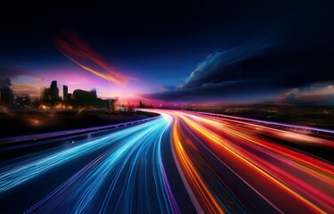 A city skyline at dusk with colorful streaks of light on a highway curving into the distance.